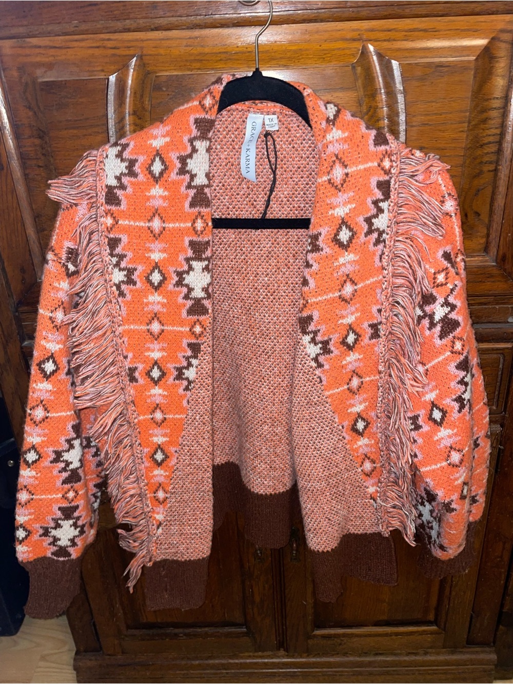 Grace + Karma Women's Open-Front Fringe Southwest Cardigan Sweater Aztec Orange